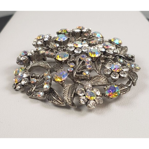 Vintage 1950's Flower Filigree AB Crystal Rhinestone Silver Tone 2" Brooch - Picture 11 of 14
